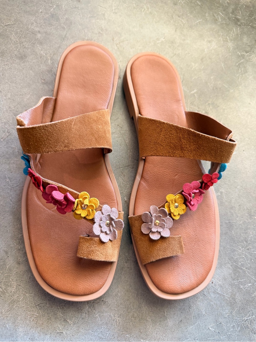 Made in Italy Brown Floral Suede Leather Toe-Ring Buckle Sandals EUR 38 US 7.5